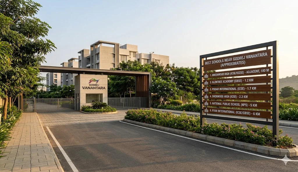 Map showing top international and CBSE schools near Godrej Vanantara in North Bangalore, including Delhi Public School and Vidyashilp.